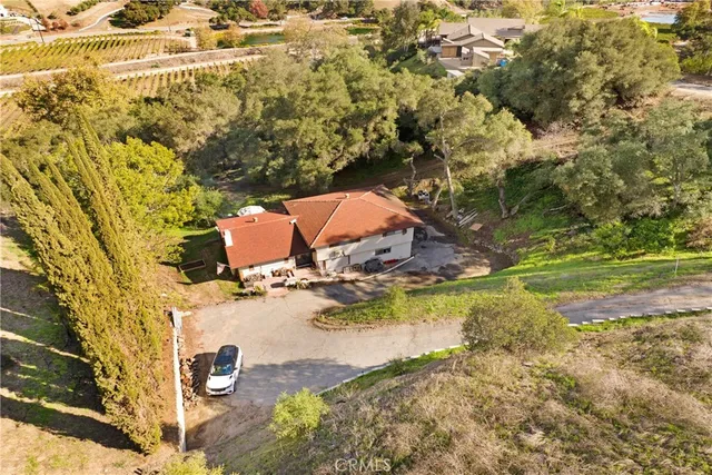 an aerial view of a house with swimming pool and large trees