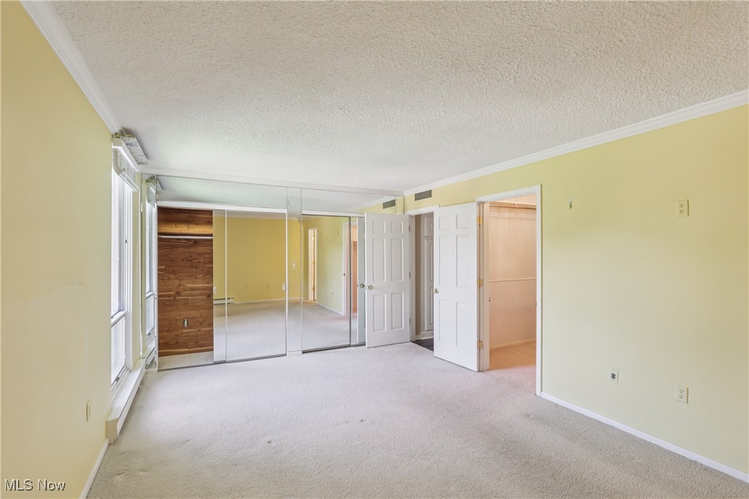 2375 Covington Road, Unit 311 Akron, OH 44313 - Photo 31 of 43 Unfurnished bedroom with crown molding, carpet, a textured ceiling, and a spacious closet