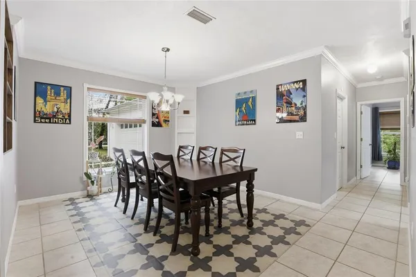 a view of a dining room with furniture