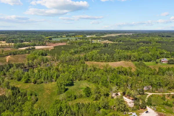 an aerial view of residential houses with outdoor space and trees