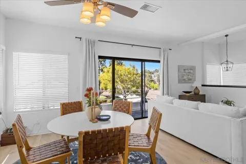 a view of a dining room with furniture window and outside view