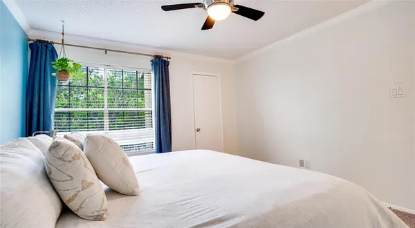 a spacious bedroom with a bed and a window