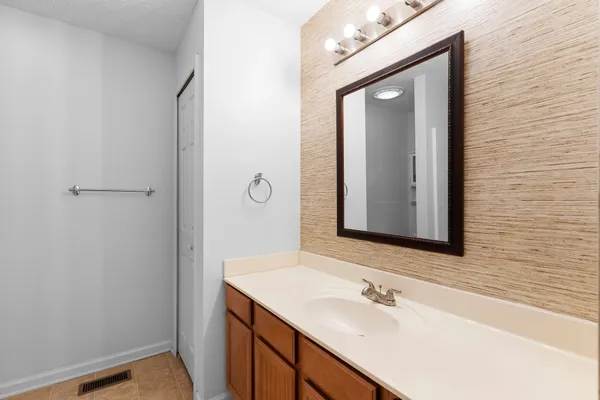 a bathroom with a sink vanity and a mirror