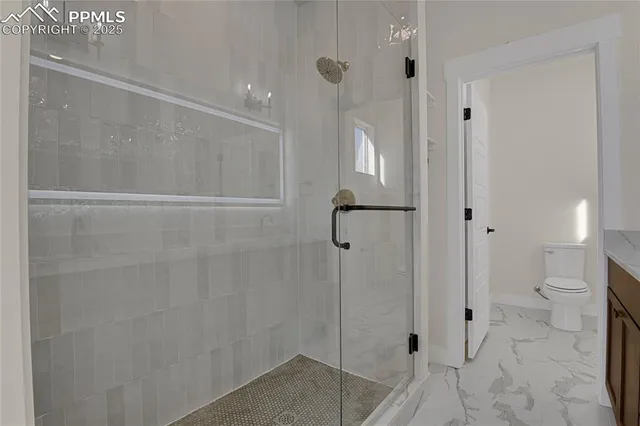 a bathroom with a shower and toilet