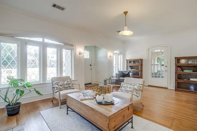 a living room with furniture a potted plant and a large window