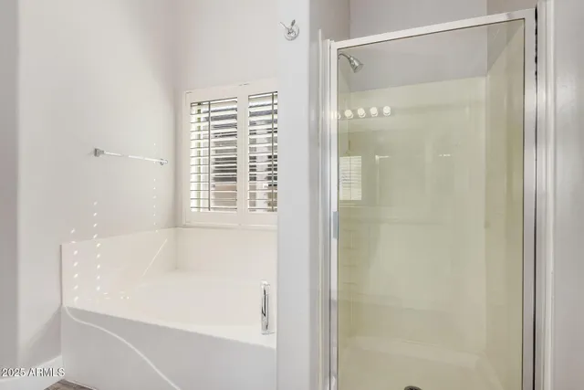 a bathroom with a bathtub and shower