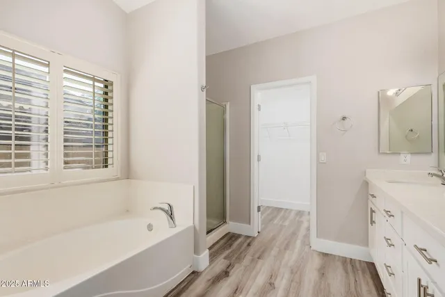 a bathroom with a tub a sink and a large mirror