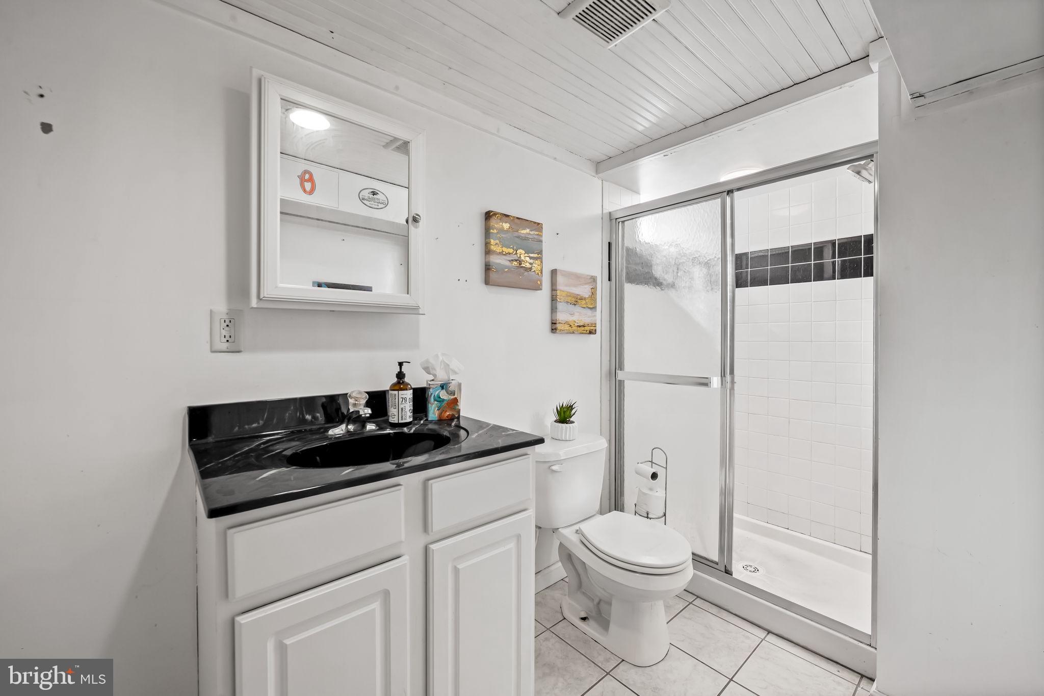 3022 Dunglow Road Baltimore, MD 21222 - Photo 39 of 45 a bathroom with a granite countertop sink toilet a mirror a vanity and shower