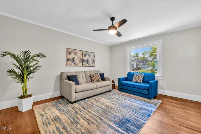 a living room with furniture and a potted plant