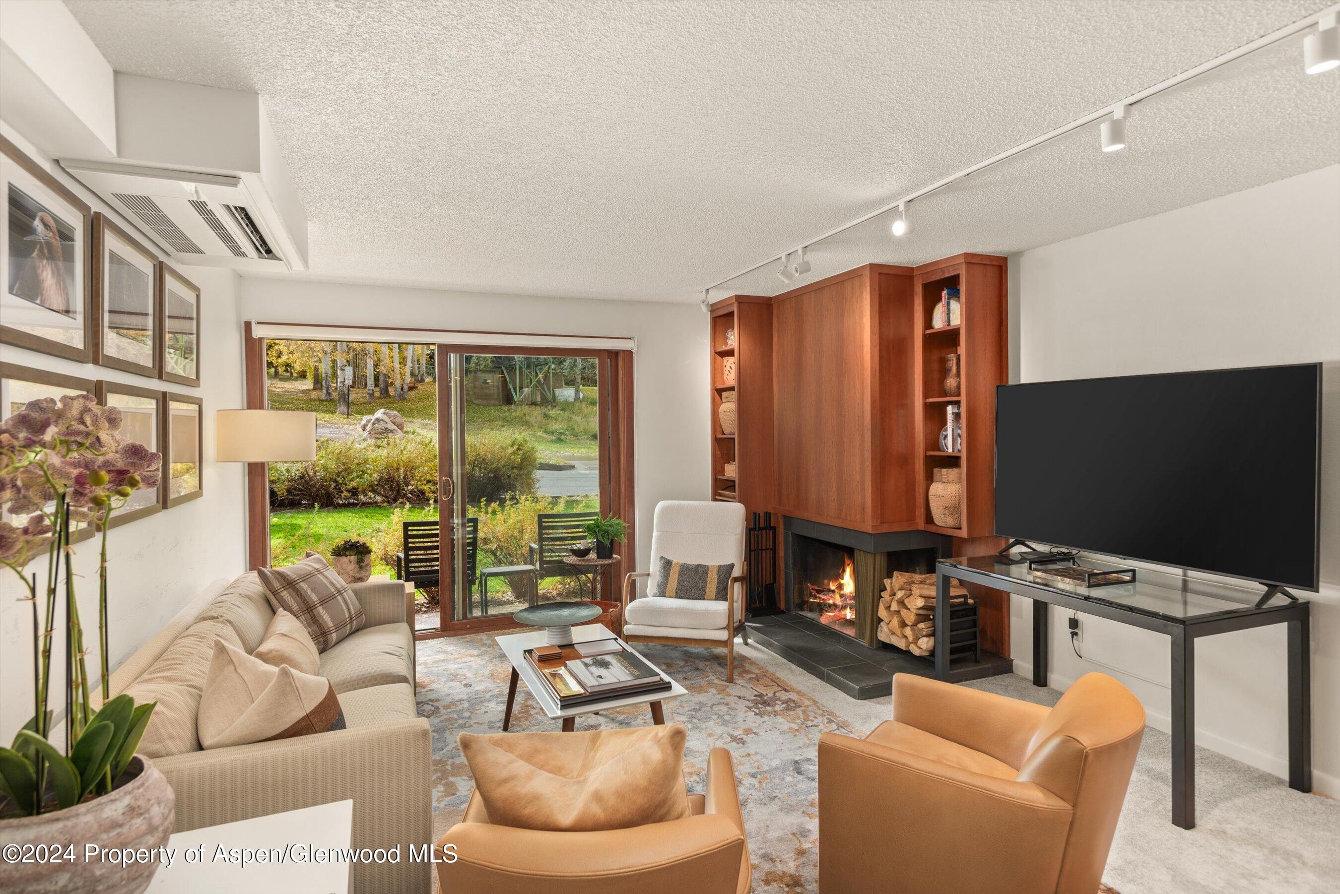 205 East Durant Avenue, Unit 1C Aspen, CO 81611 - Photo 2 of 12 a living room with furniture a fireplace and a flat screen tv