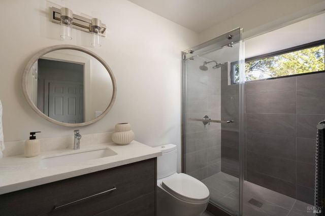 a bathroom with a sink a mirror a toilet and shower