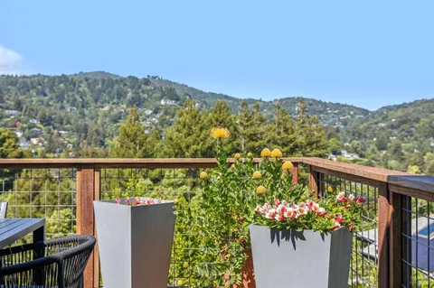 a view of a balcony with flower plants