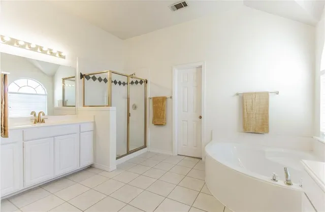 a bathroom with a tub sink and mirror