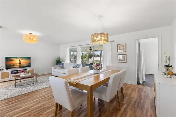 a view of a dining room with furniture