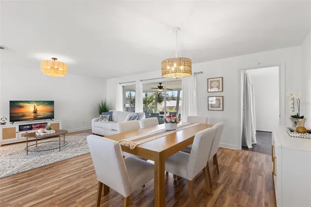 a view of a dining room with furniture