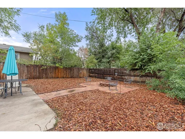 a backyard of a house with table and chairs