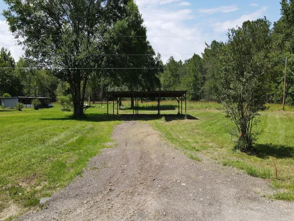 a view of a swimming pool with a yard and large trees