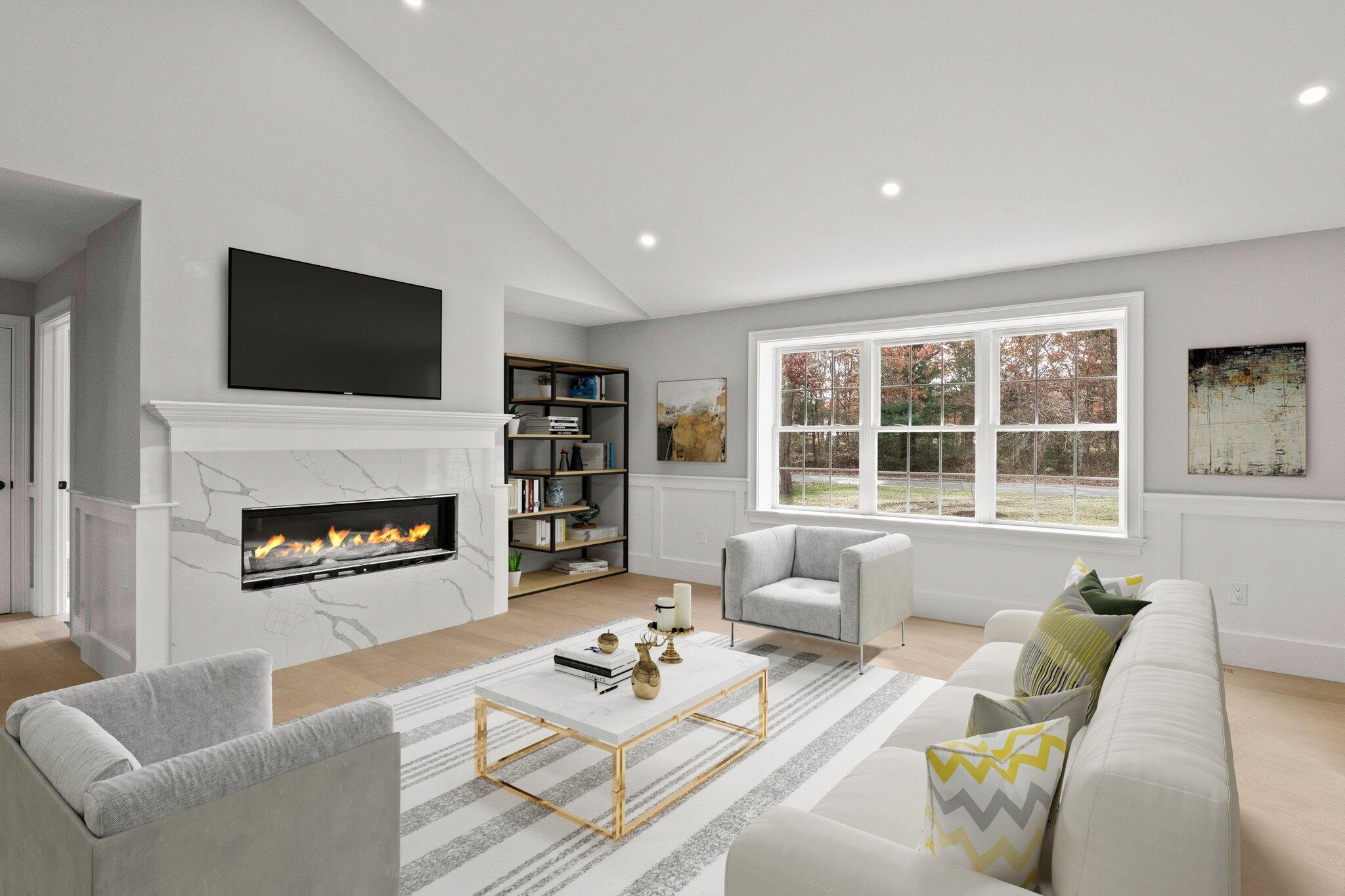 197 Old Barnstable Road Mashpee, MA 02649 - Photo 7 of 50 a living room with furniture a fireplace and a flat screen tv