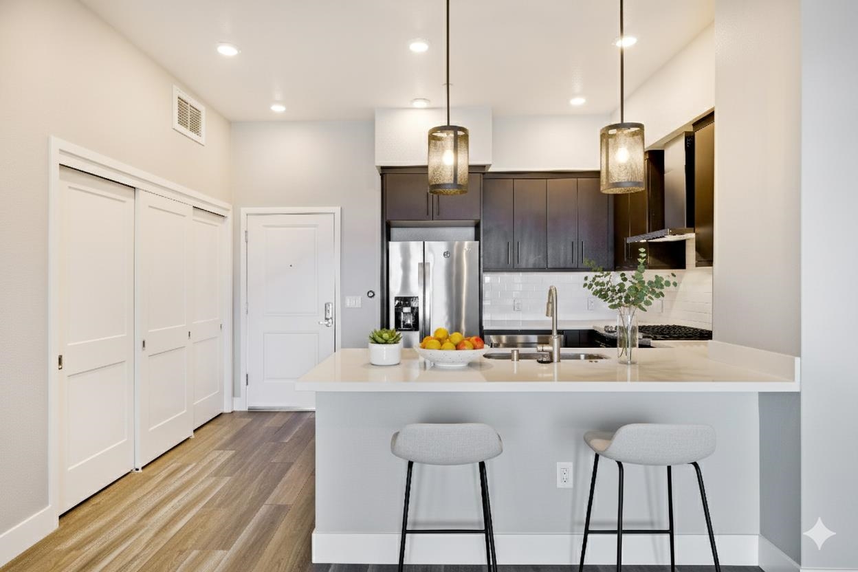 a kitchen with stainless steel appliances kitchen island granite countertop a sink and cabinets