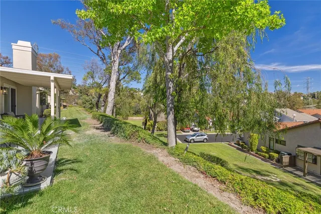 a view of a park with large trees