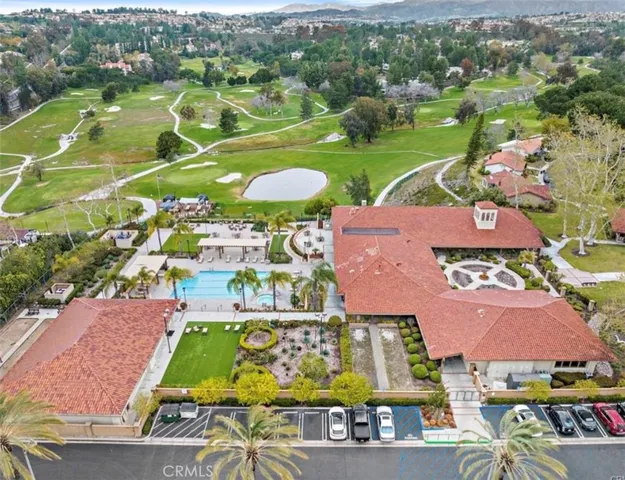 an aerial view of a pool