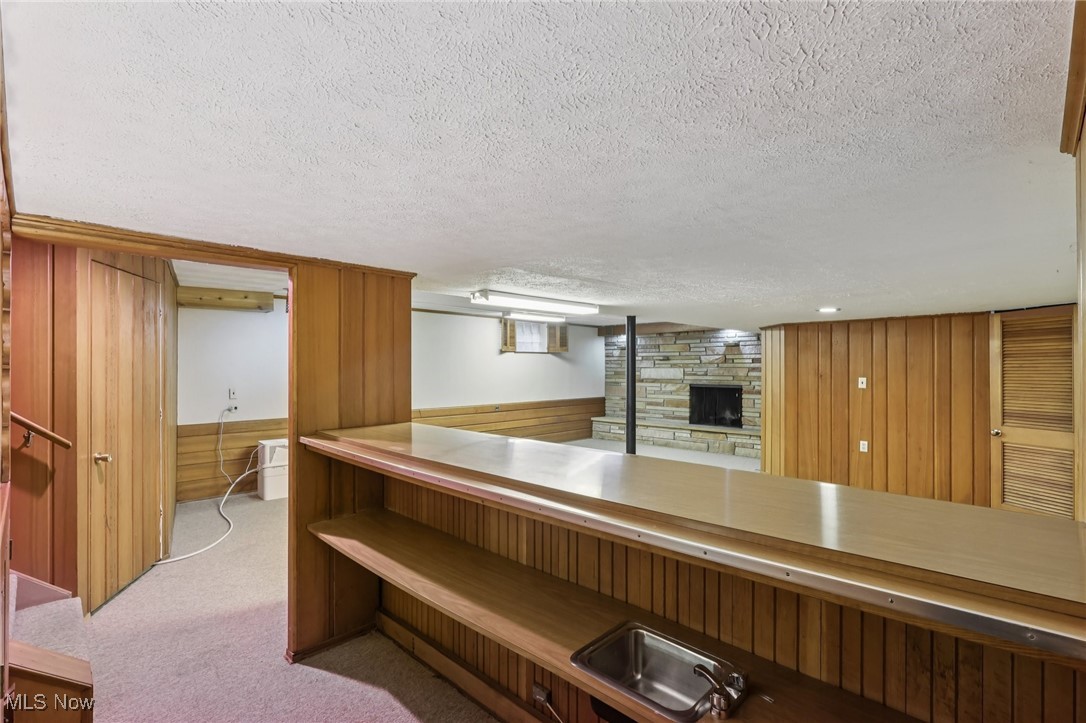 33300 South Woodland Road Cleveland, OH 44124 - Photo 40 of 50 Kitchen with wood walls, a textured ceiling, light carpet, a fireplace, and wainscoting