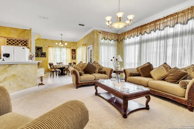 a living room with furniture a chandelier and a rug
