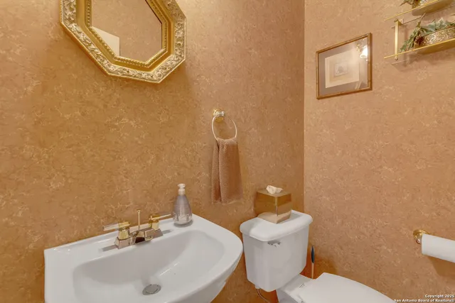 a bathroom with a sink mirror and toilet