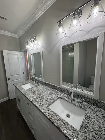 a bathroom with a granite countertop double vanity sink and a mirror