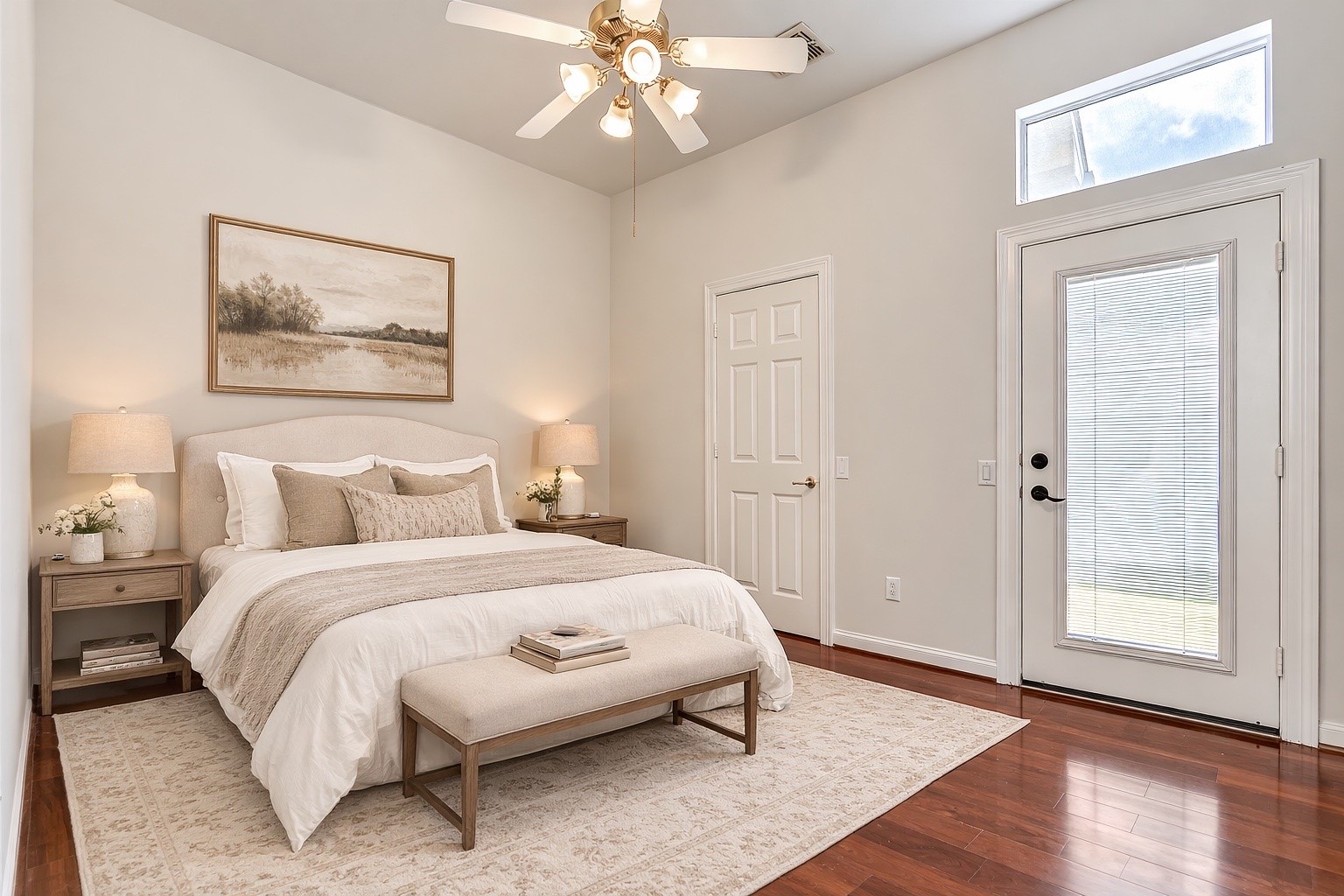 1448 North Riviera Circle Pearland, TX 77581 - Photo 19 of 35 Secondary bedroom with ceiling fan and exterior door leading to the side of the home. Closet flooring is currently carpeted; seller notes extra flooring is stored in the attic for replacement if desired. Note: this photo has been virtually staged.