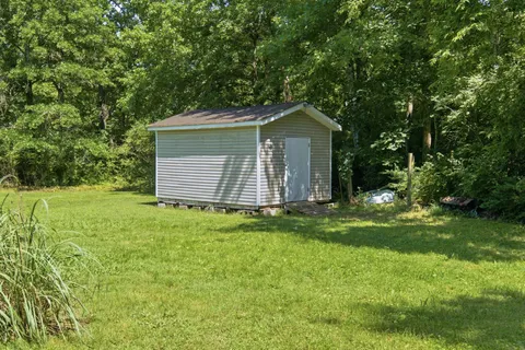 a view of a backyard with large trees