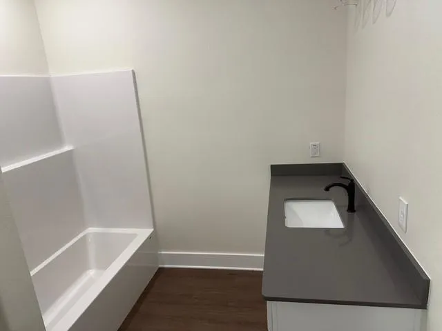 a bathroom with a bathtub