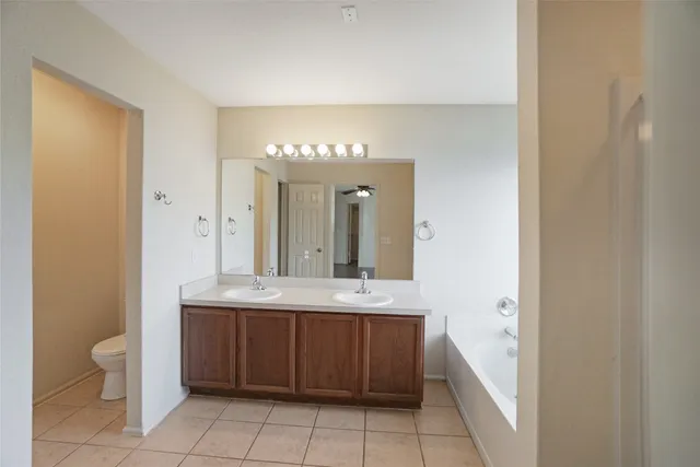 a bathroom with a double vanity sink mirror and a bathtub