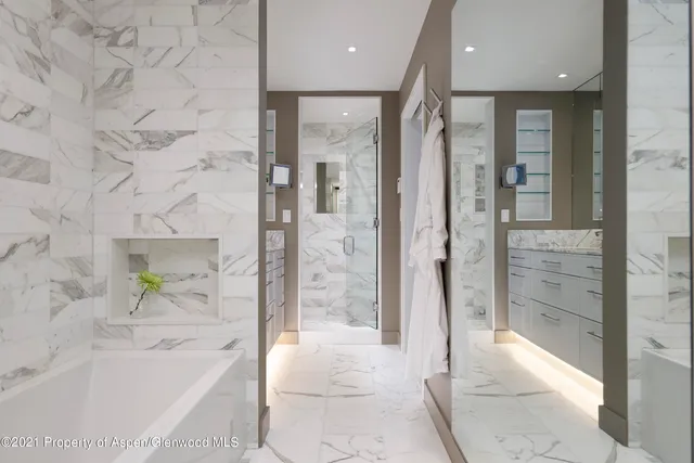 a bathroom with a bathtub and a shower