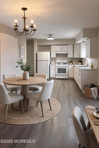 a view of a dining room with furniture
