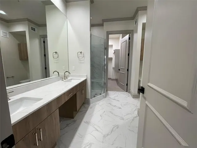 a bathroom with a double vanity sink mirror and shower