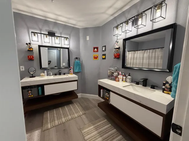 a bathroom with a sink double vanity and a mirror