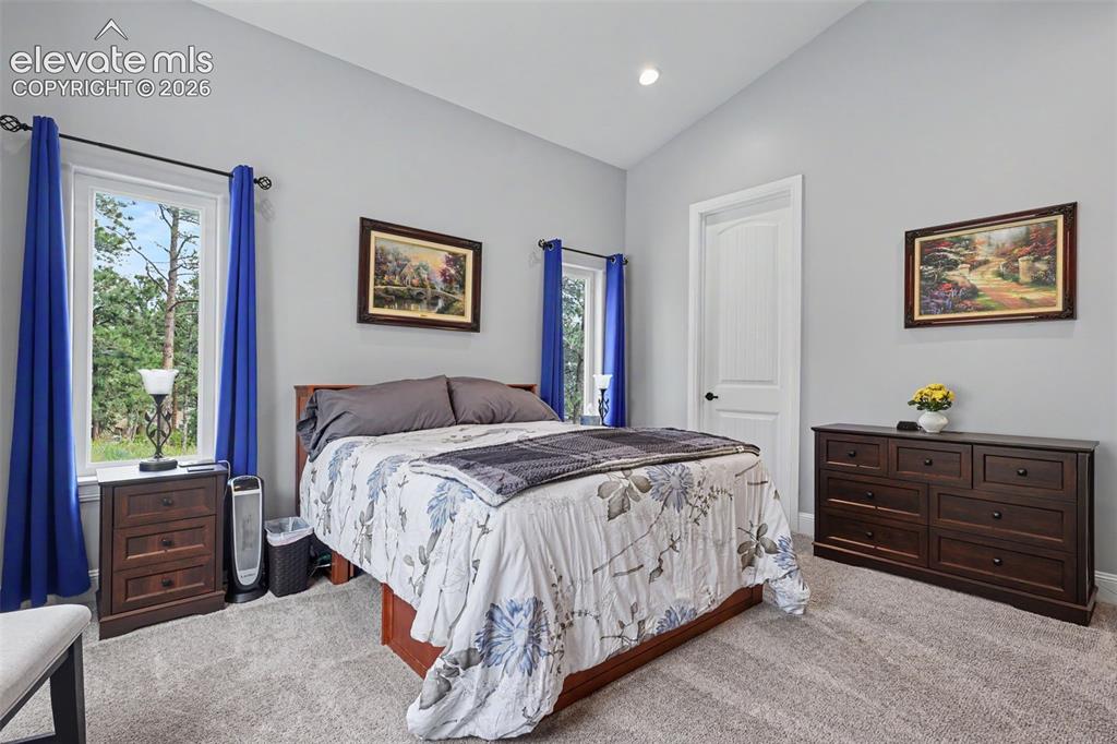 21 Leaming Road Colorado Springs, CO 80906 - Photo 33 of 48 Carpeted bedroom featuring vaulted ceilings, recessed lighting, white trim, a solid panel interior door, and a large window overlooking a wooded area