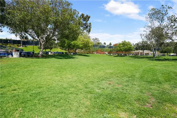 a view of a field of grass and trees