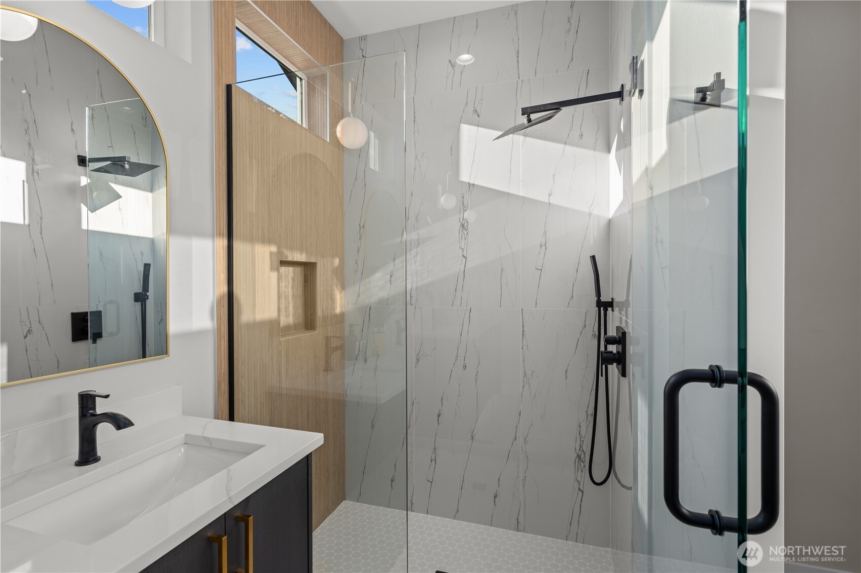 9230 22nd Avenue Southwest Seattle, WA 98106 - Photo 17 of 26 a bathroom with a shower sink vanity mirror and toilet