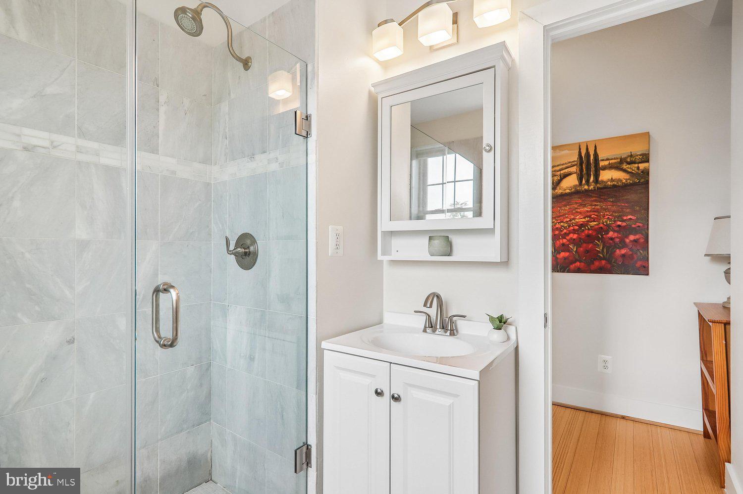 911 L Street Northeast Washington, DC 20002 - Photo 25 of 48 a bathroom with a sink a mirror a vanity and shower