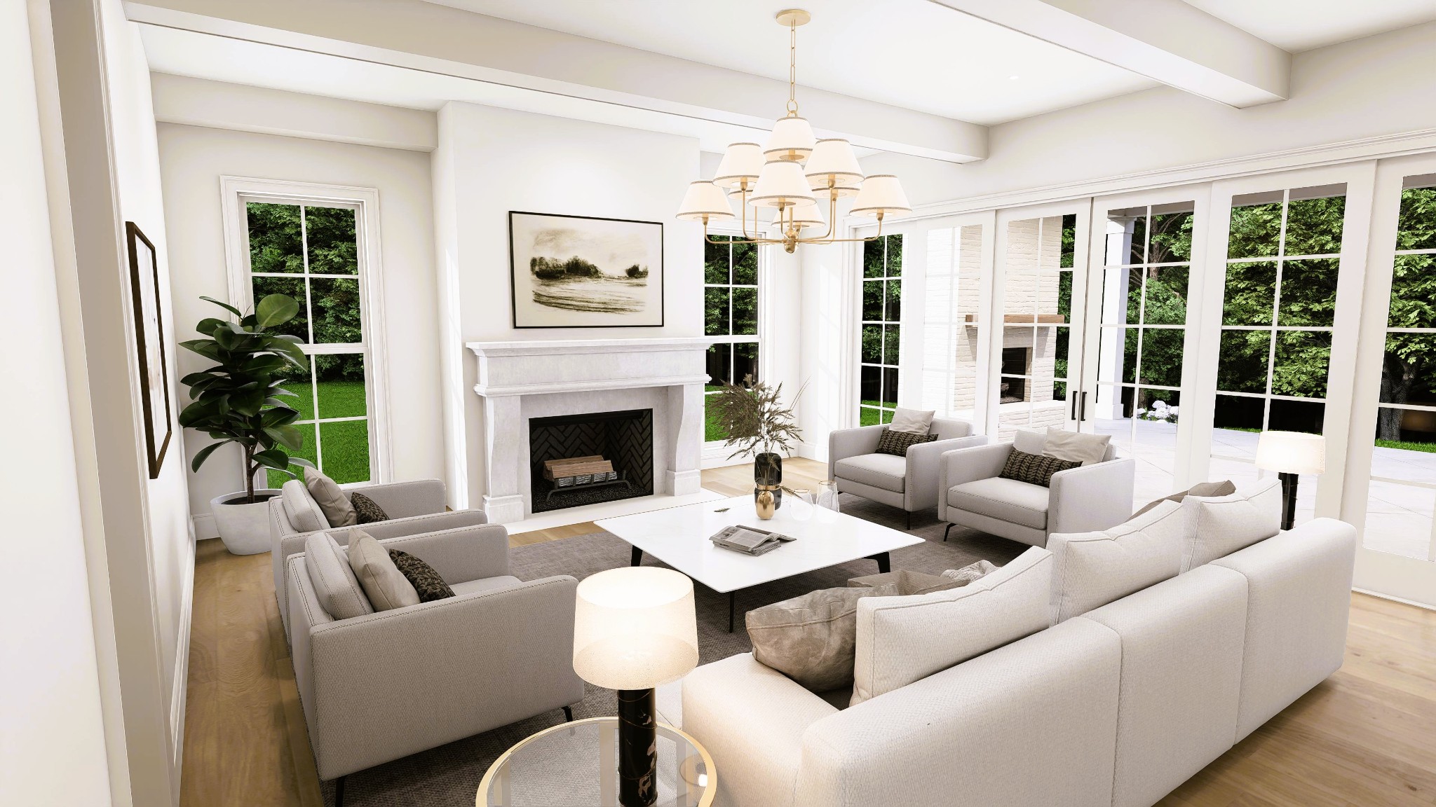 7020 Kinderhook Road Nashville, TN 37221 - Photo 7 of 37 a living room with furniture a chandelier and a fireplace