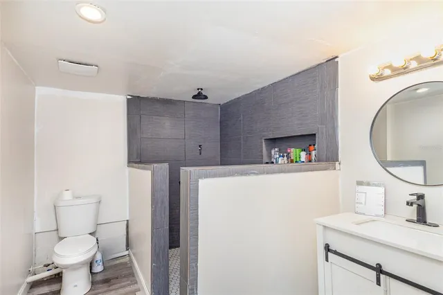 a bathroom with a sink a toilet and a mirror