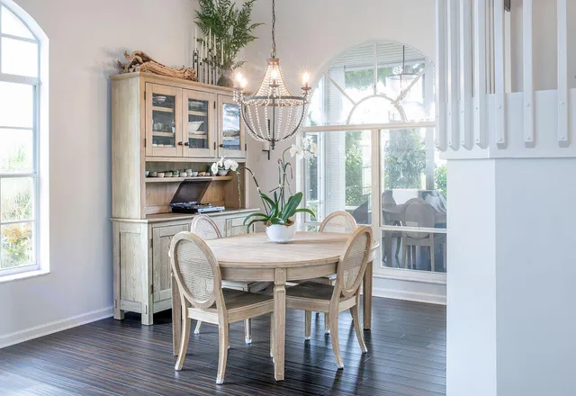 a view of a dining room with furniture window and wooden floor
