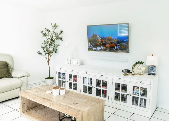 a living room with furniture and a potted plant