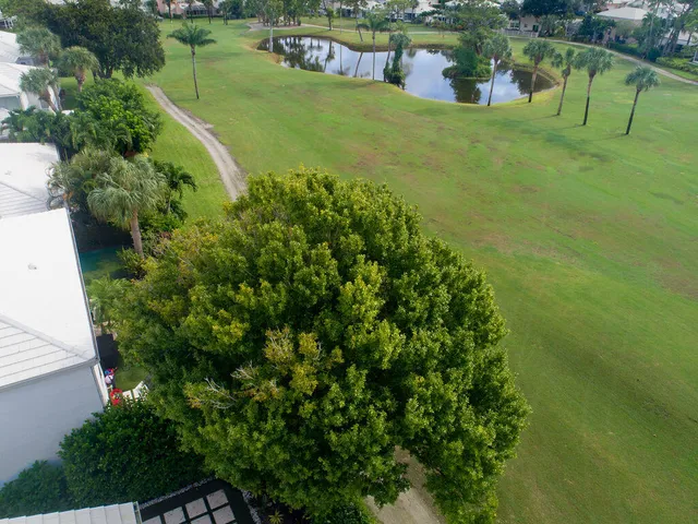 an aerial view of residential houses with outdoor space and trees