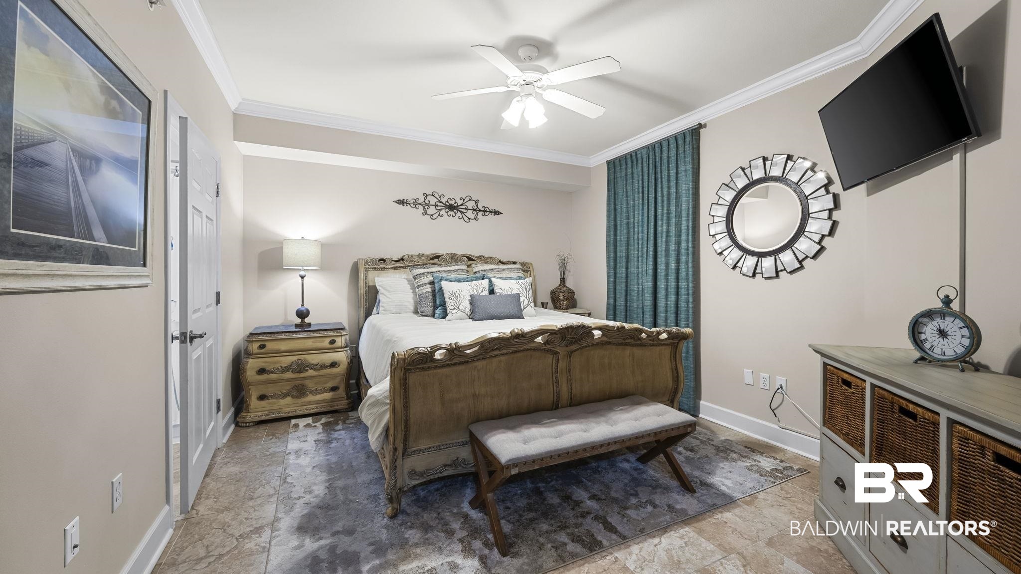 27580 Canal Road, Unit 1526 Orange Beach, AL 36561 - Photo 24 of 49 Bedroom featuring ornamental molding and a ceiling fan