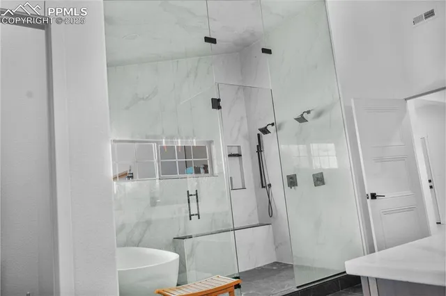 a bathroom with a shower and a toilet