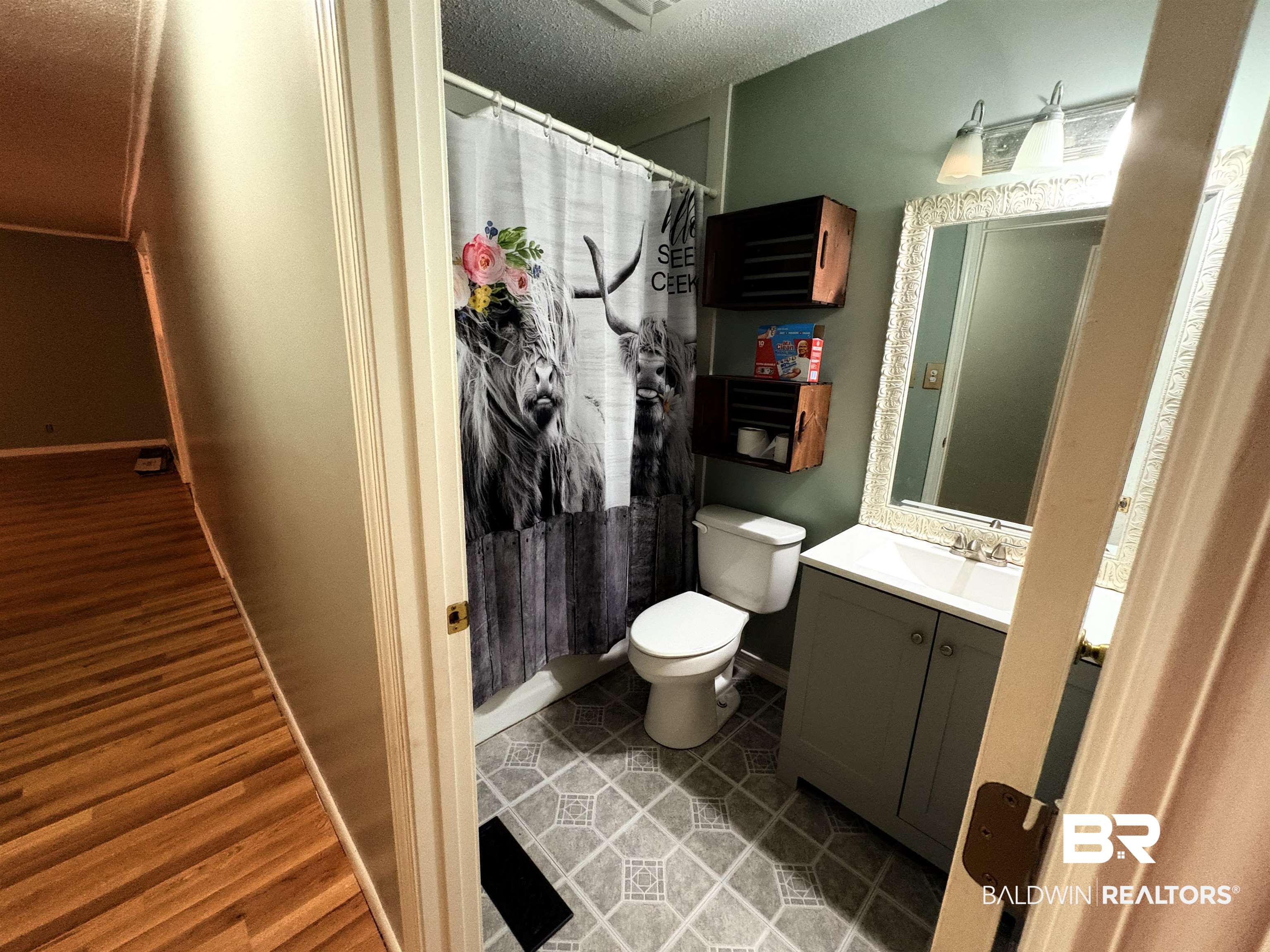 8065 Middle Ring Road Mobile, AL 36619 - Photo 7 of 21 Bathroom with a shower with curtain, toilet, wood finished floors, baseboards, and vanity