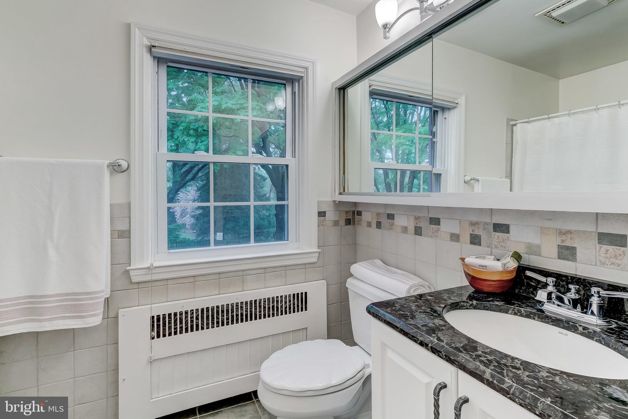 5704 Kenmore Road Baltimore, MD 21210 - Photo 20 of 30 a bathroom with a granite countertop toilet a sink and a window